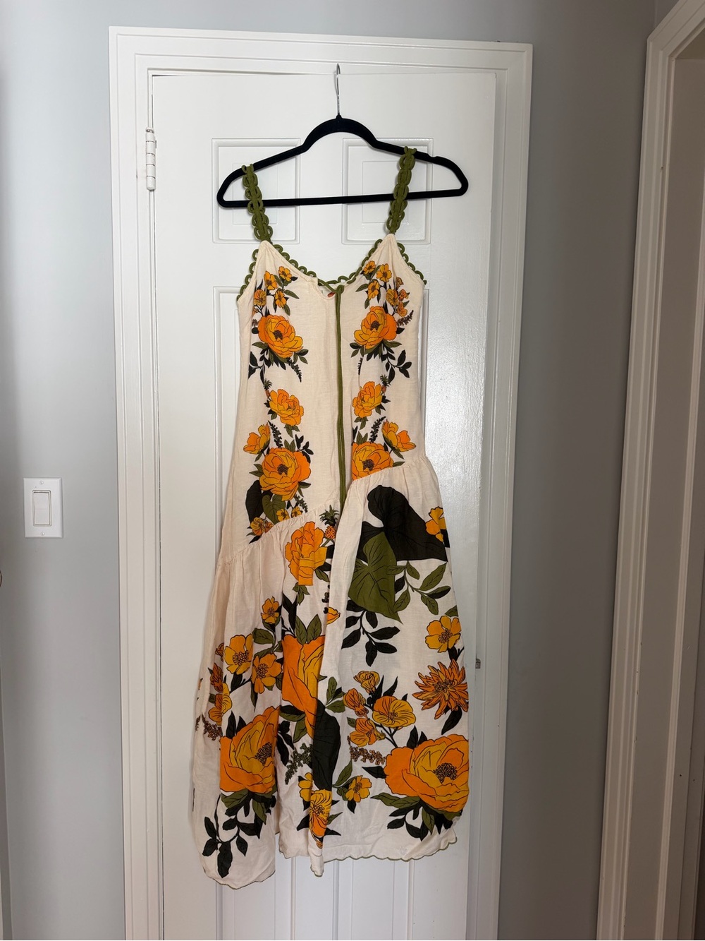FARM Rio Cream Maxi Dress with Bold Yellow Floral Print and Olive Straps USA S
